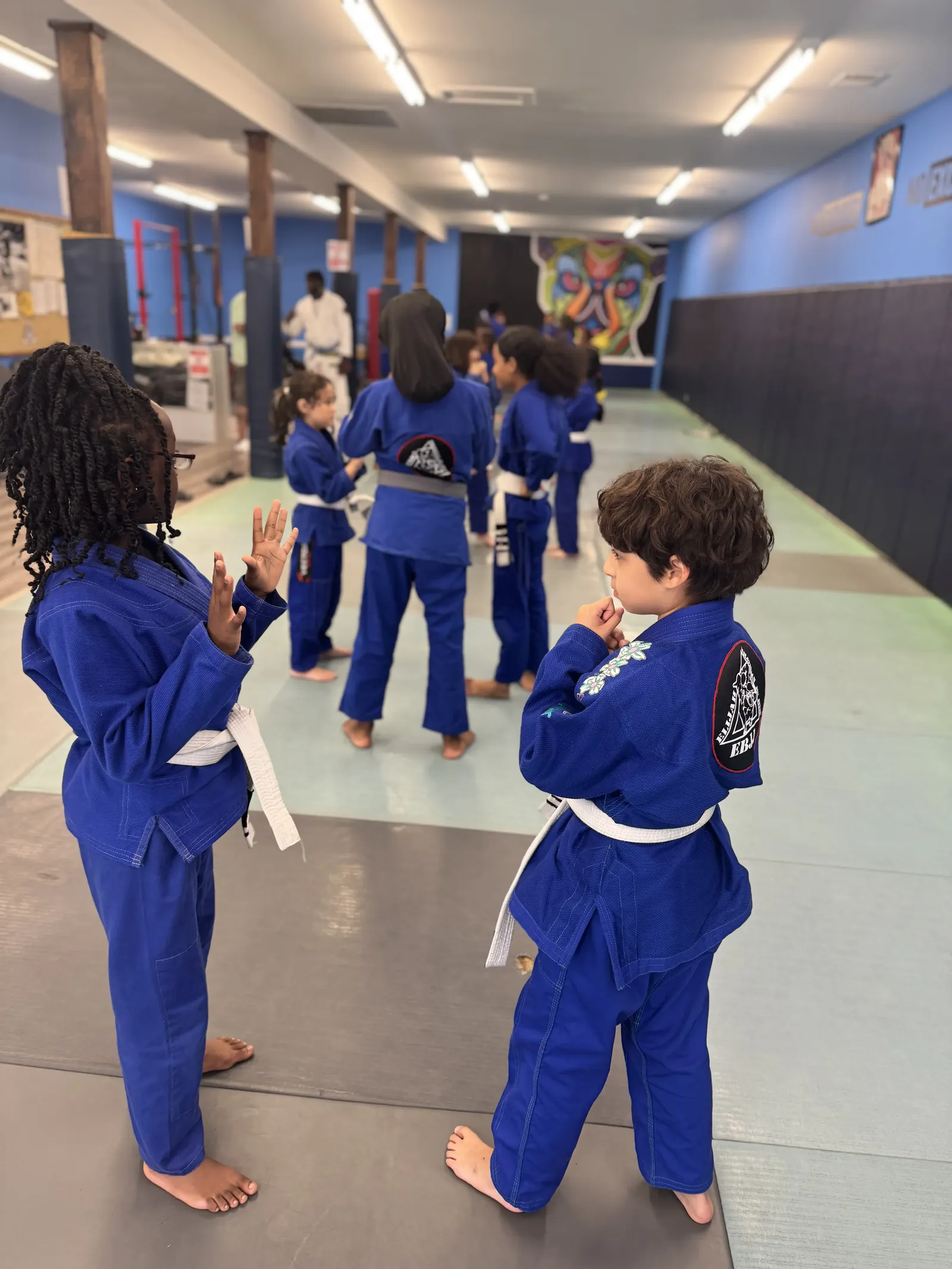 Kids Brazilian Jiu Jitsu class training on the mats at Elijah Brazilian Jiu Jitsu Academy in Union, New Jersey